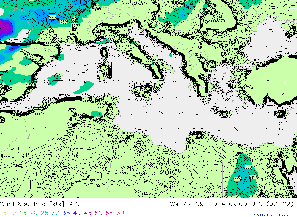 wiatr 850 hPa GFS śro. 25.09.2024 09 UTC