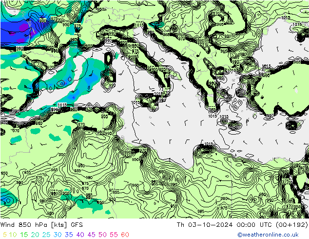 Vento 850 hPa GFS gio 03.10.2024 00 UTC