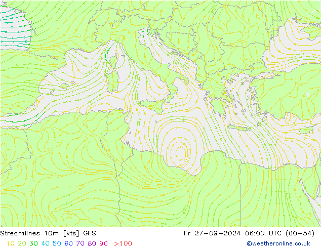 Streamlines 10m GFS Pá 27.09.2024 06 UTC