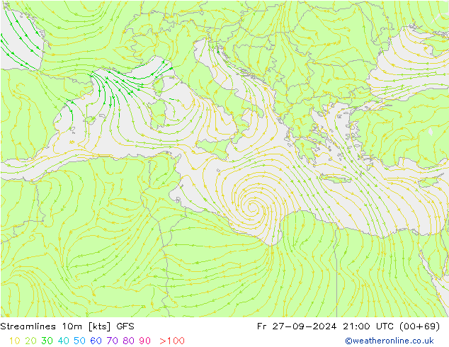 Ligne de courant 10m GFS ven 27.09.2024 21 UTC