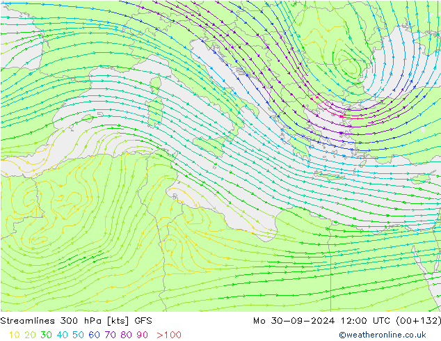 Ligne de courant 300 hPa GFS lun 30.09.2024 12 UTC