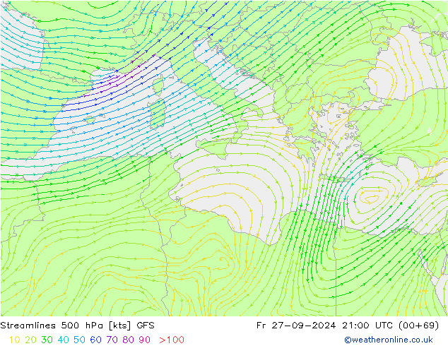 Streamlines 500 hPa GFS Fr 27.09.2024 21 UTC