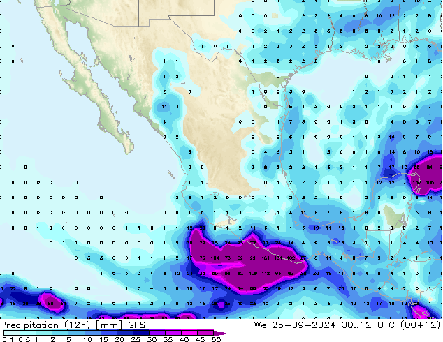 Précipitation (12h) GFS mer 25.09.2024 12 UTC