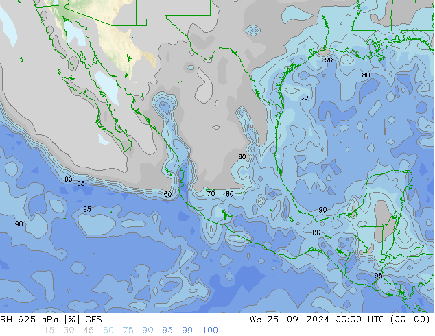 RH 925 hPa GFS We 25.09.2024 00 UTC