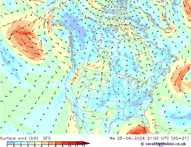 Vento 10 m (bft) GFS Qua 25.09.2024 21 UTC