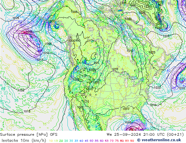 Isotachs (kph) GFS ср 25.09.2024 21 UTC