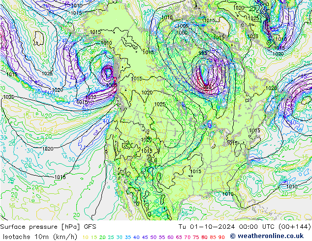 Isotachs (kph) GFS Tu 01.10.2024 00 UTC