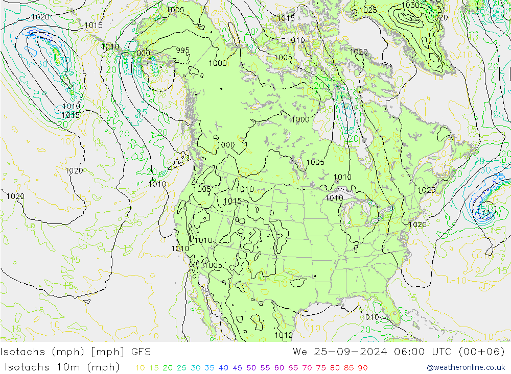 Isotachen (mph) GFS wo 25.09.2024 06 UTC