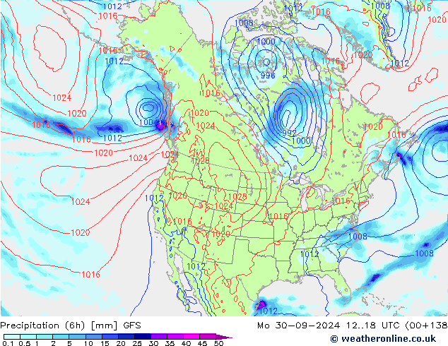 Precipitation (6h) GFS Mo 30.09.2024 18 UTC