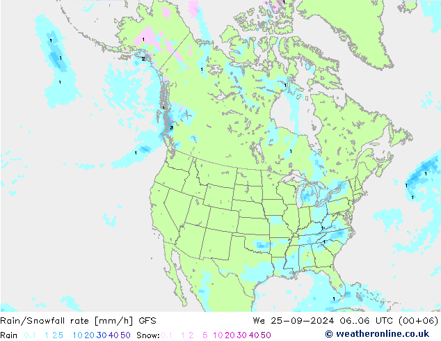 Rain/Snowfall rate GFS śro. 25.09.2024 06 UTC