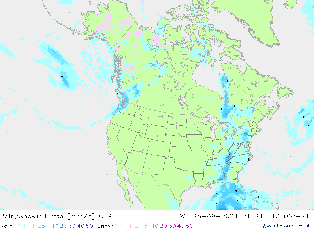 Rain/Snowfall rate GFS We 25.09.2024 21 UTC