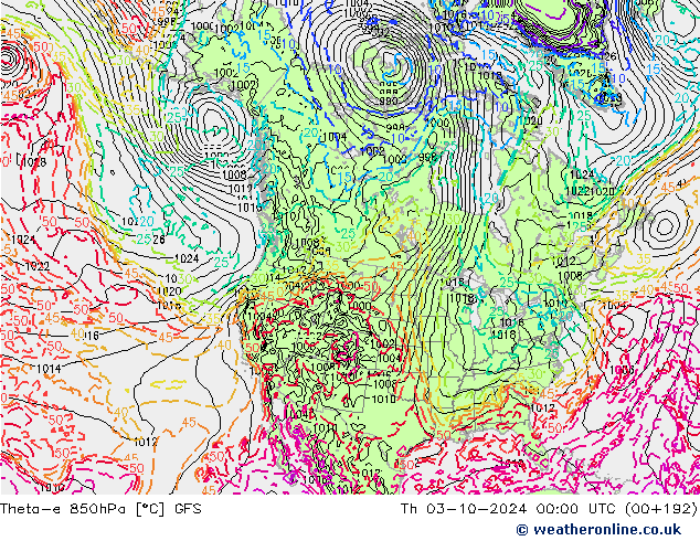 Theta-e 850hPa GFS Th 03.10.2024 00 UTC