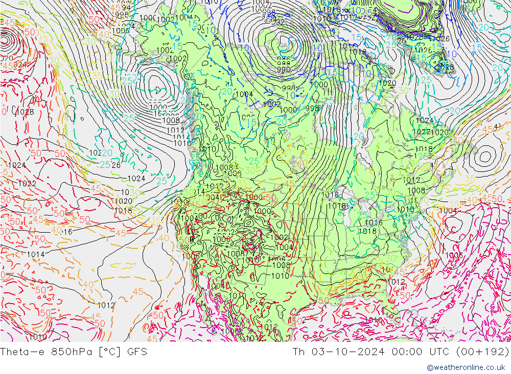 Theta-e 850hPa GFS Th 03.10.2024 00 UTC