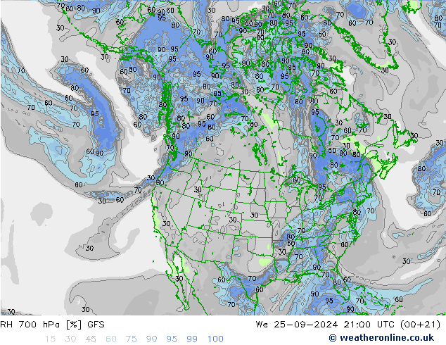 RH 700 hPa GFS We 25.09.2024 21 UTC