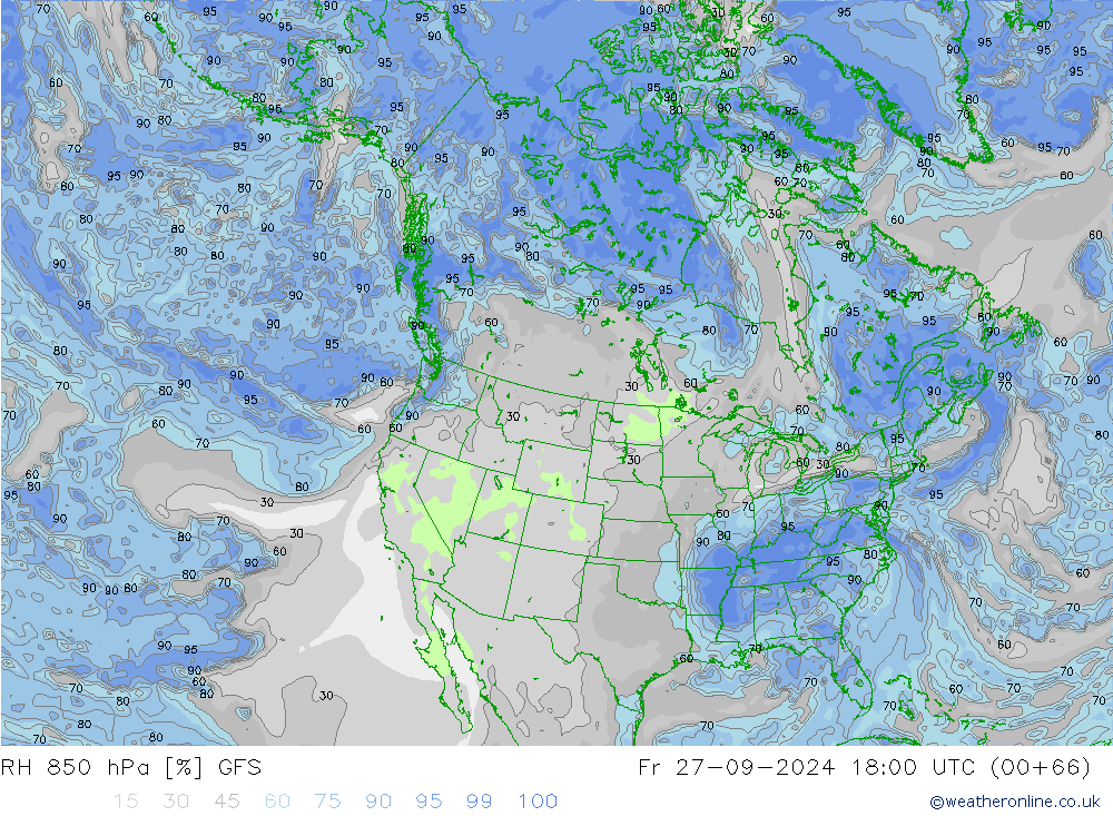 RH 850 гПа GFS пт 27.09.2024 18 UTC