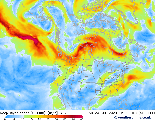 Deep layer shear (0-6km) GFS Su 29.09.2024 15 UTC