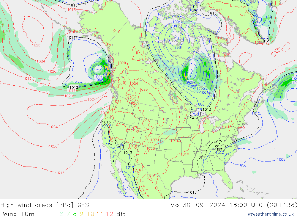 High wind areas GFS пн 30.09.2024 18 UTC