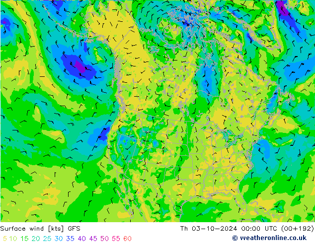 Vento 10 m GFS Qui 03.10.2024 00 UTC