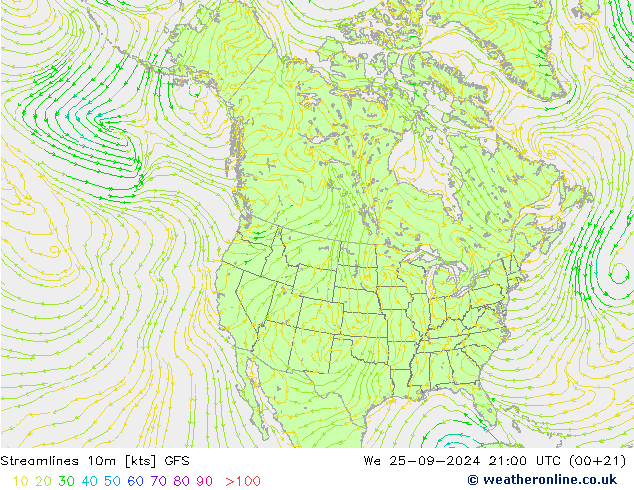 Ligne de courant 10m GFS mer 25.09.2024 21 UTC