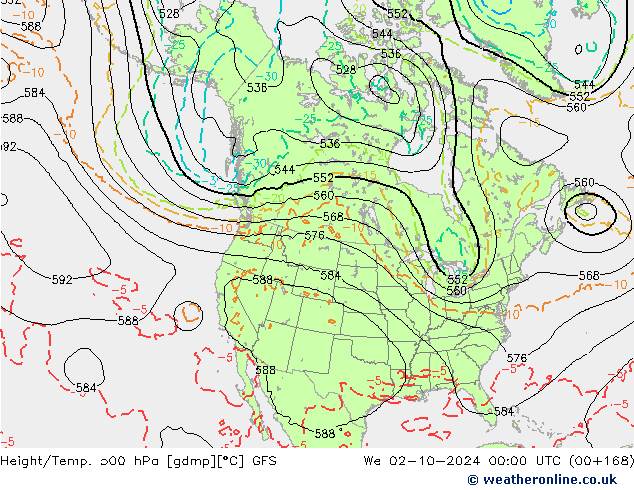 Height/Temp. 500 hPa GFS śro. 02.10.2024 00 UTC