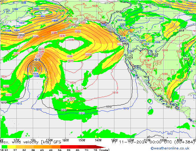 Max. wind velocity GFS пт 11.10.2024 00 UTC