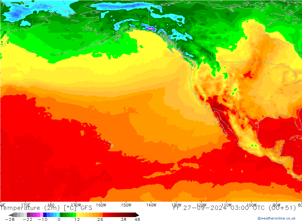 mapa temperatury (2m) GFS pt. 27.09.2024 03 UTC