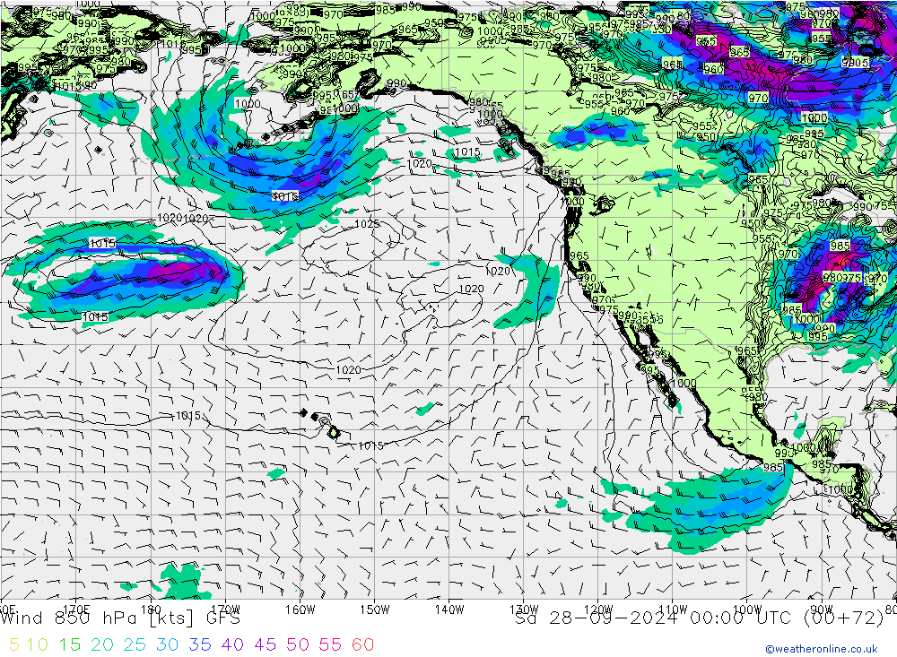 wiatr 850 hPa GFS so. 28.09.2024 00 UTC