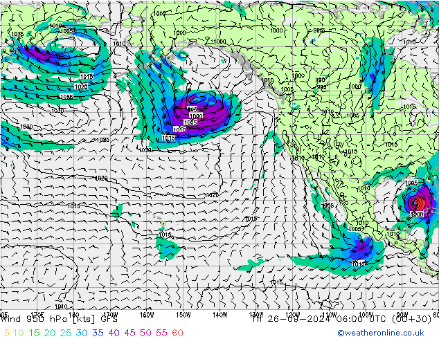 Wind 950 hPa GFS Čt 26.09.2024 06 UTC