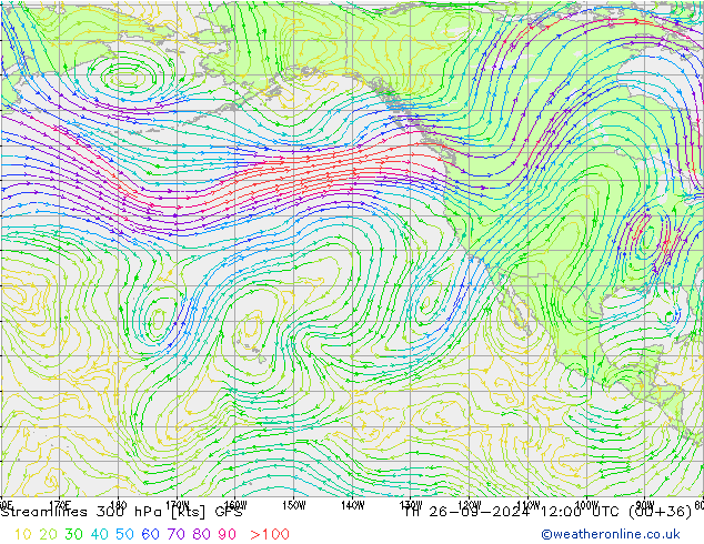 Streamlines 300 hPa GFS Th 26.09.2024 12 UTC