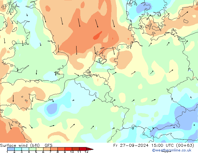 Vent 10 m (bft) GFS ven 27.09.2024 15 UTC