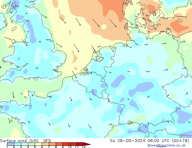 Rüzgar 10 m (bft) GFS Cts 28.09.2024 06 UTC