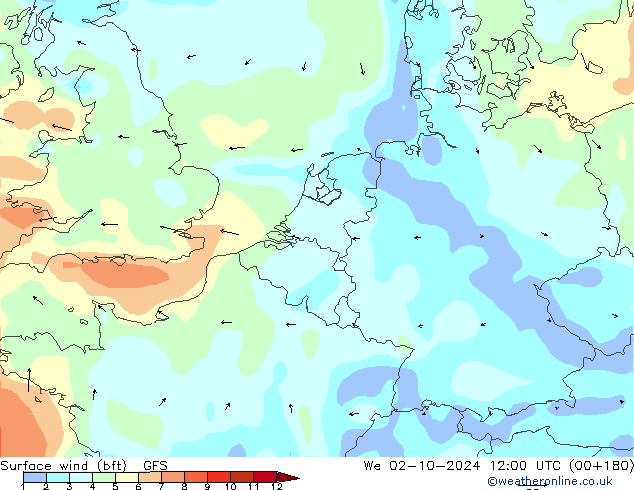 Surface wind (bft) GFS We 02.10.2024 12 UTC