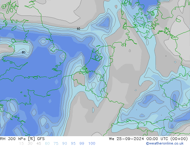 RH 300 hPa GFS Qua 25.09.2024 00 UTC