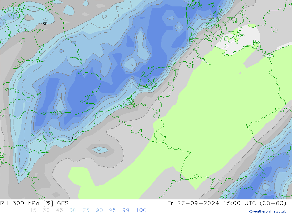 Humidité rel. 300 hPa GFS ven 27.09.2024 15 UTC