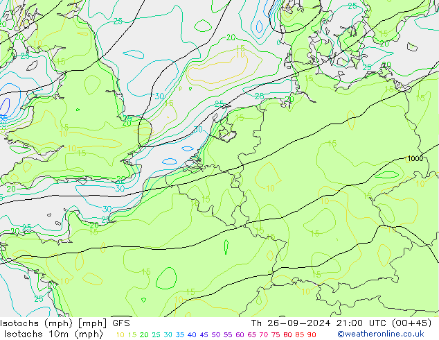 Isotachs (mph) GFS Čt 26.09.2024 21 UTC