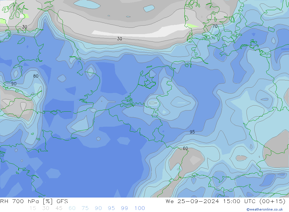 RH 700 hPa GFS mer 25.09.2024 15 UTC