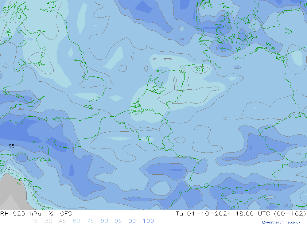 RH 925 hPa GFS wto. 01.10.2024 18 UTC