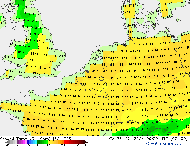 Temp. gruntu (0-10cm) GFS śro. 25.09.2024 09 UTC