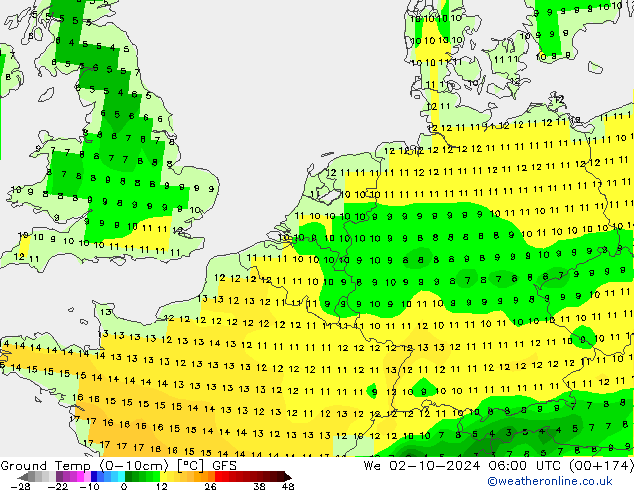 Temp. gruntu (0-10cm) GFS śro. 02.10.2024 06 UTC