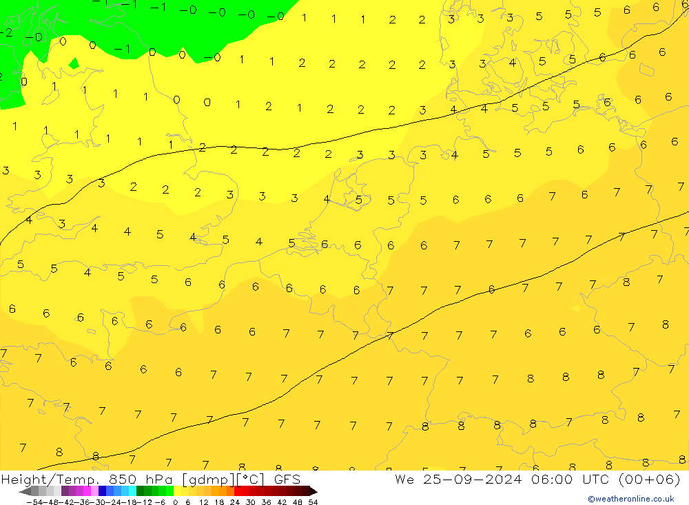 Z500/Rain (+SLP)/Z850 GFS mer 25.09.2024 06 UTC