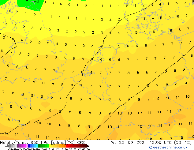 Géop./Temp. 850 hPa GFS mer 25.09.2024 18 UTC