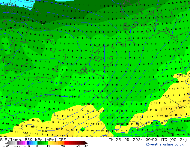 SLP/Temp. 850 hPa GFS Qui 26.09.2024 00 UTC