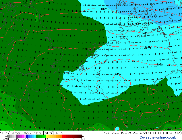 SLP/Temp. 850 hPa GFS Su 29.09.2024 06 UTC