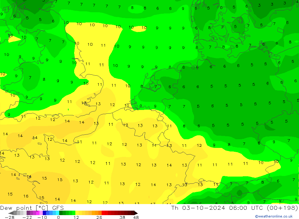 Taupunkt GFS Do 03.10.2024 06 UTC