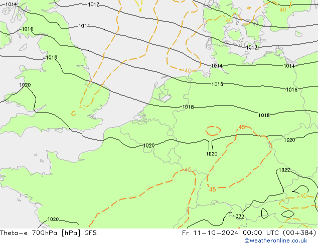 Theta-e 700hPa GFS Pá 11.10.2024 00 UTC