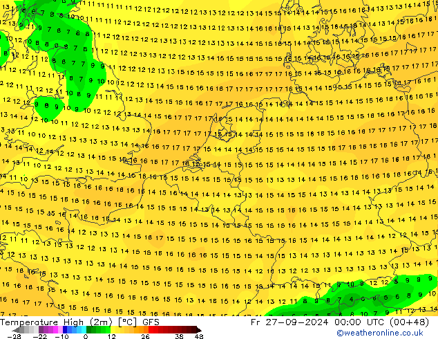 temperatura máx. (2m) GFS Sex 27.09.2024 00 UTC