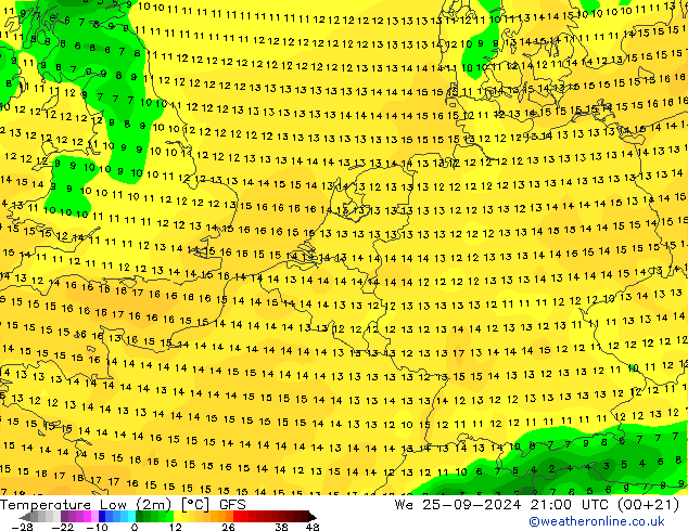 Temperature Low (2m) GFS We 25.09.2024 21 UTC