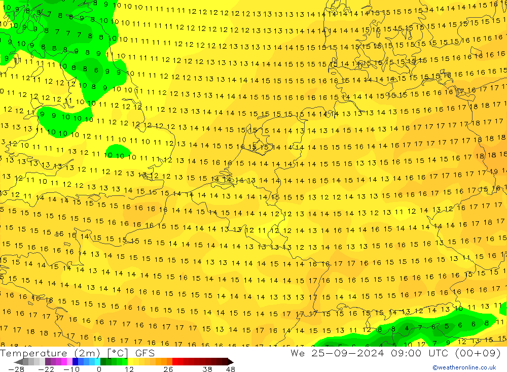 Temperatura (2m) GFS mié 25.09.2024 09 UTC