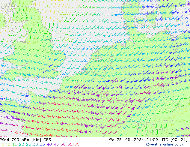 Vent 700 hPa GFS mer 25.09.2024 21 UTC