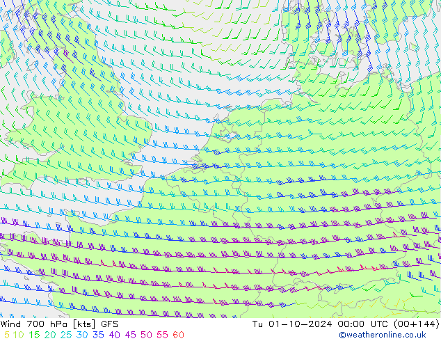 Wind 700 hPa GFS Tu 01.10.2024 00 UTC